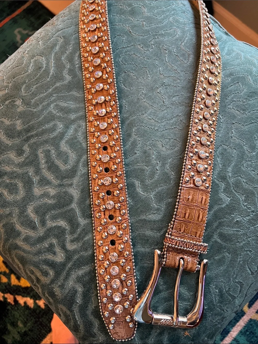 Guess Brown Crystal-Embellished Leather Belt with Silver Buckle